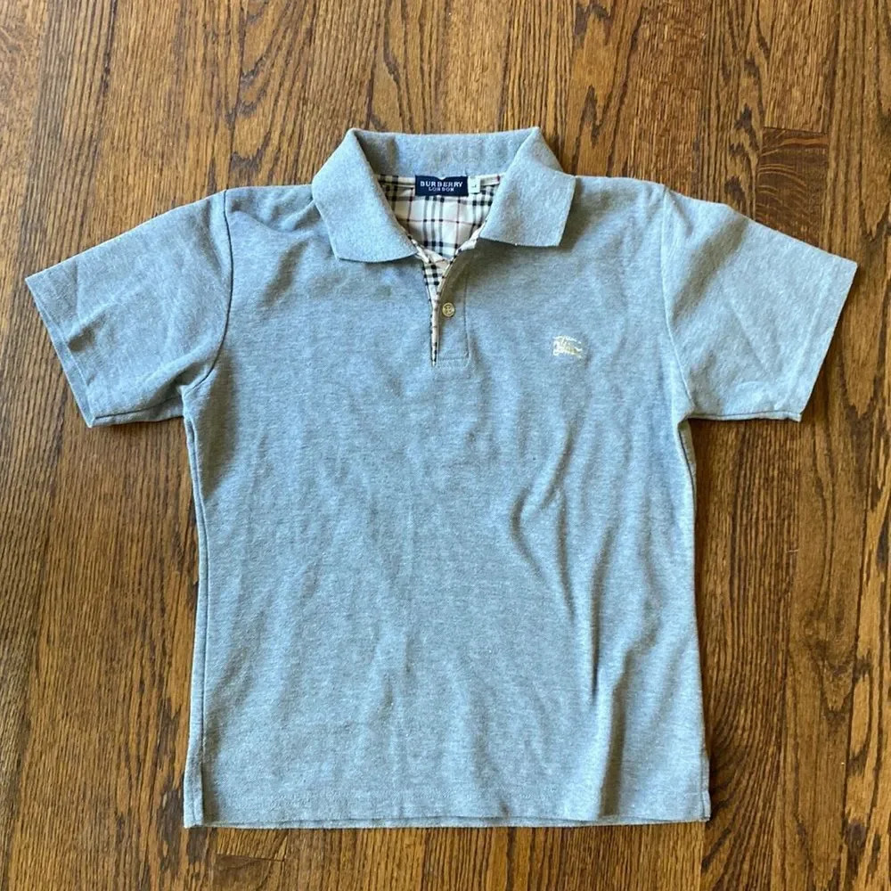 Burberry London Large Grey Polo plaid. Collared. Embroidered logo. 1/4 button up